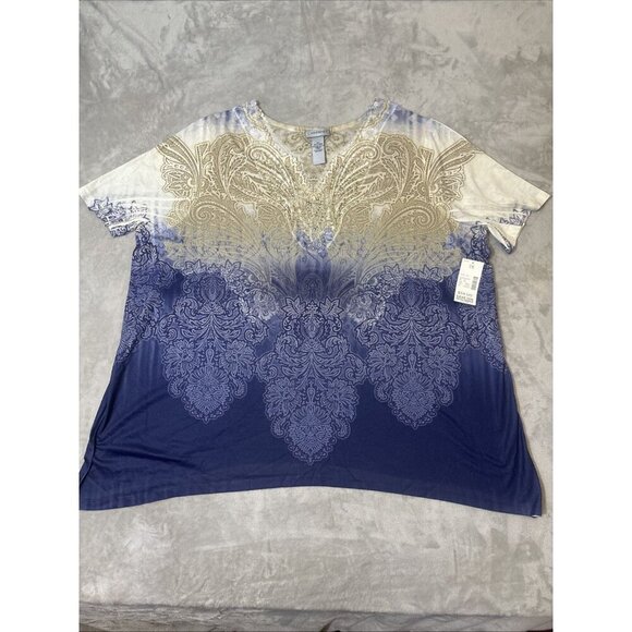 Women’s Catherines Blouse Paisley Navy Blue Tan Rhinestones Embroidered Neck 2X - Picture 3 of 12